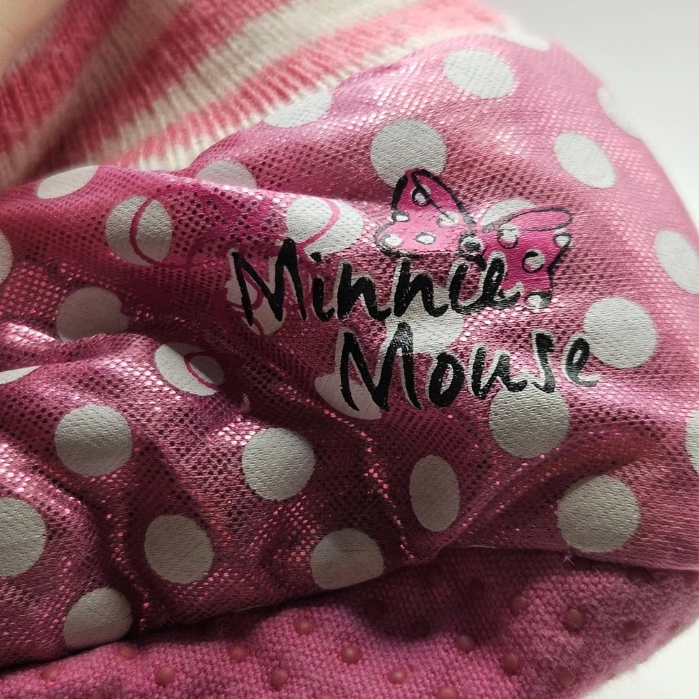 Kids Minnie Mouse Slippers sock top Pink White Polka Dot Bow‎ Plush Cozy Sz 9/10
